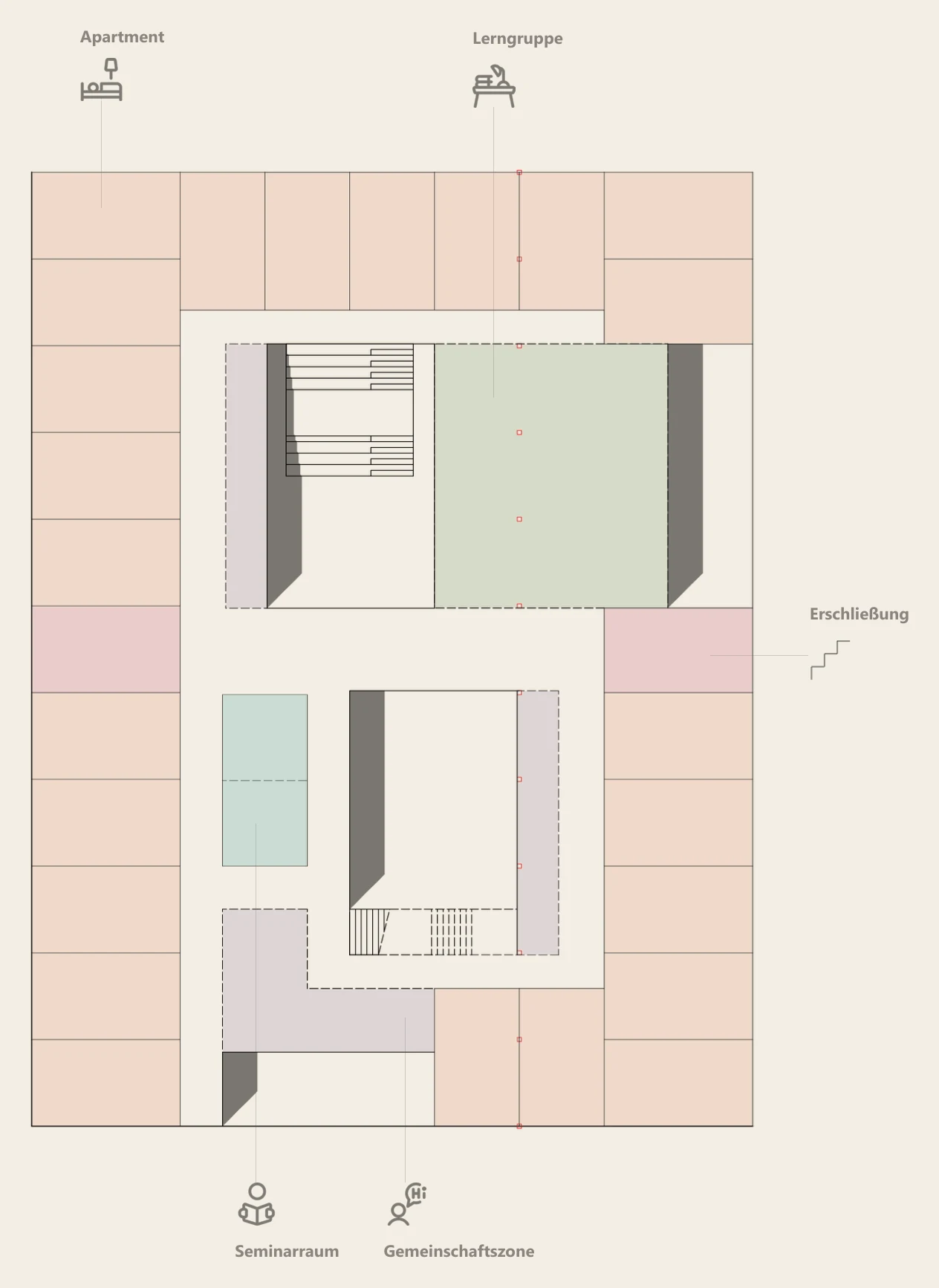Grundriss des ersten Obergeschosses mit Apartments, Lern- und Gemeinschaftsräumen