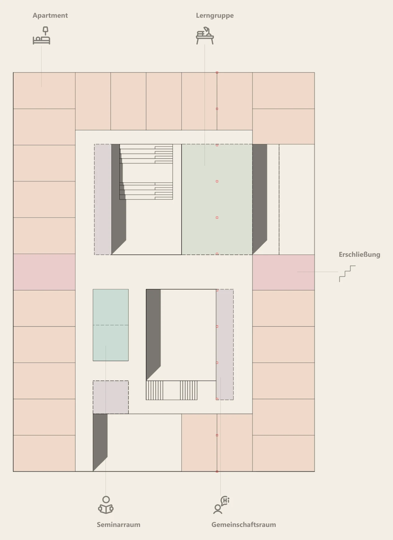 Grundriss des zweiten Obergeschosses mit Apartments und Seminarräumen